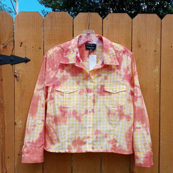Foxcroft Crop Button Down Top Women's 16 Yellow Gingham Rose Tie Dye Lightweight - Picture 6 of 7